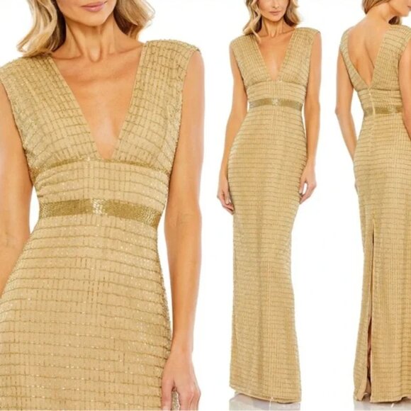 NEW $598 Mac Duggal 5625 Size 16 Gold Beaded V-Neck Column Long Maxi Gown‎ Dress - Picture 1 of 6